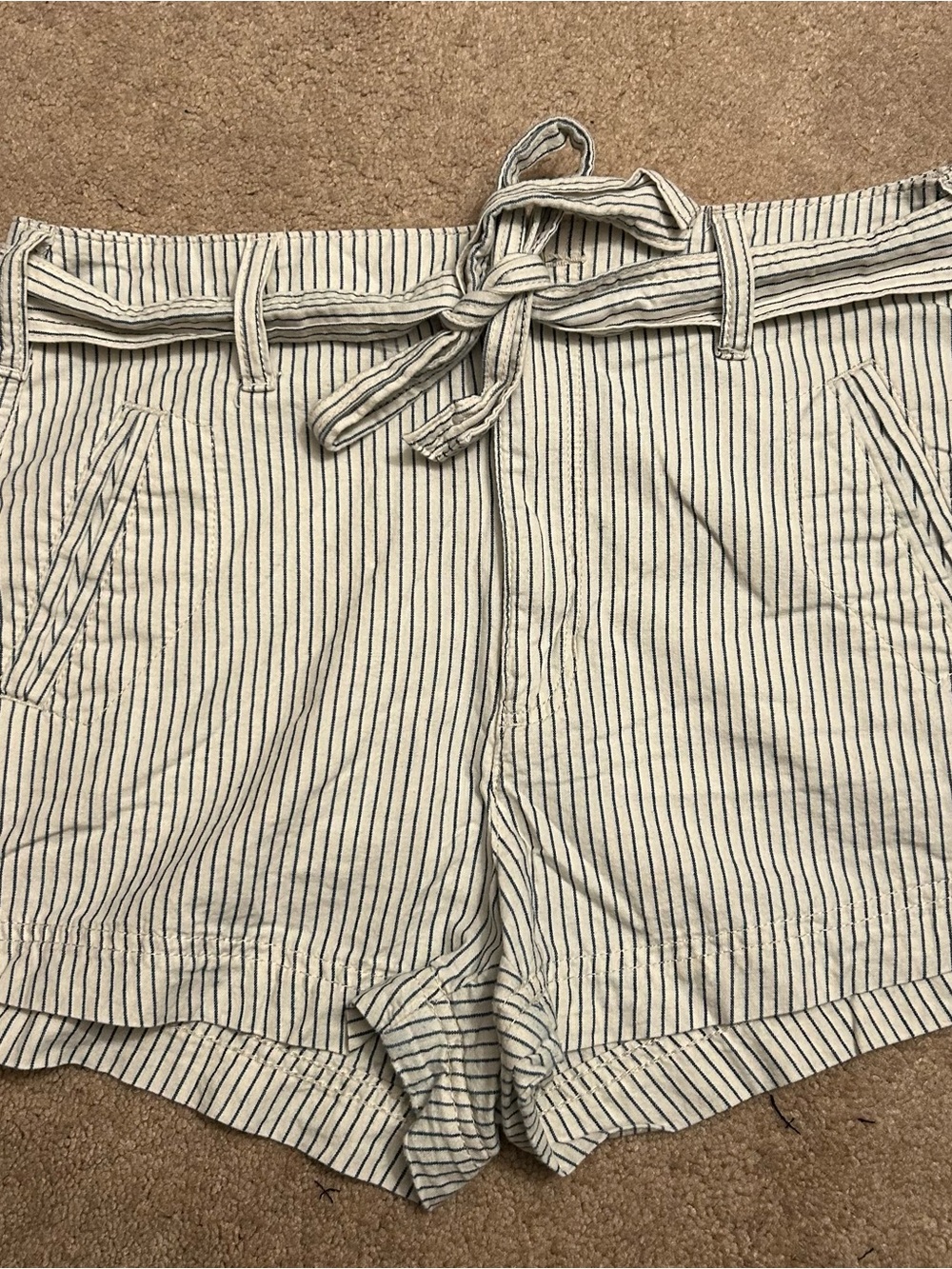 American Eagle Striped Tie-Waist Women’s Shorts - Cream with Navy Stripes